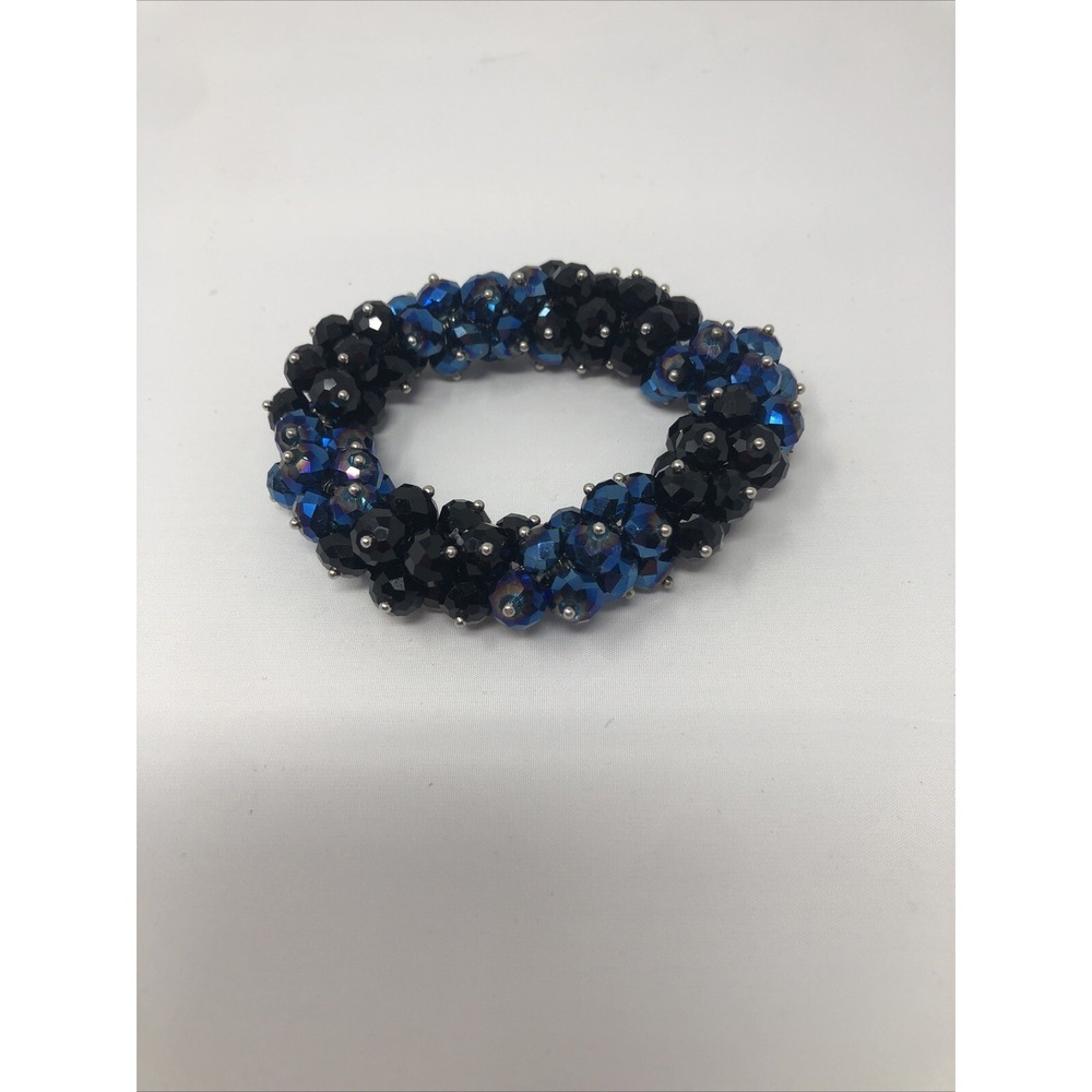 Stretch Bracelet Faceted Glass Beads Black & Blue Tone Blue Hues‎ Sparkle